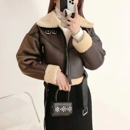 Ailegogo Winter Women Streetwear Faux Lamb Leather Fur Short Jacket