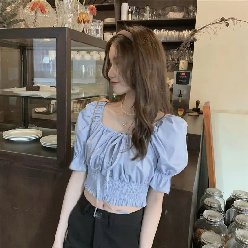 Off Shoulder Lace Up Bow Crop Top Blouse