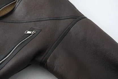 Ailegogo Winter Women Streetwear Faux Lamb Leather Fur Short Jacket