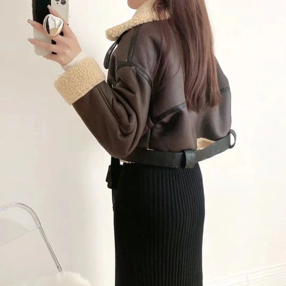 Ailegogo Winter Women Streetwear Faux Lamb Leather Fur Short Jacket