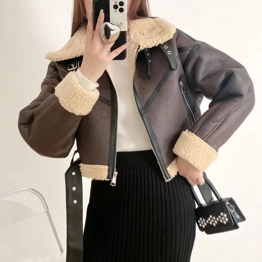 Ailegogo Winter Women Streetwear Faux Lamb Leather Fur Short Jacket