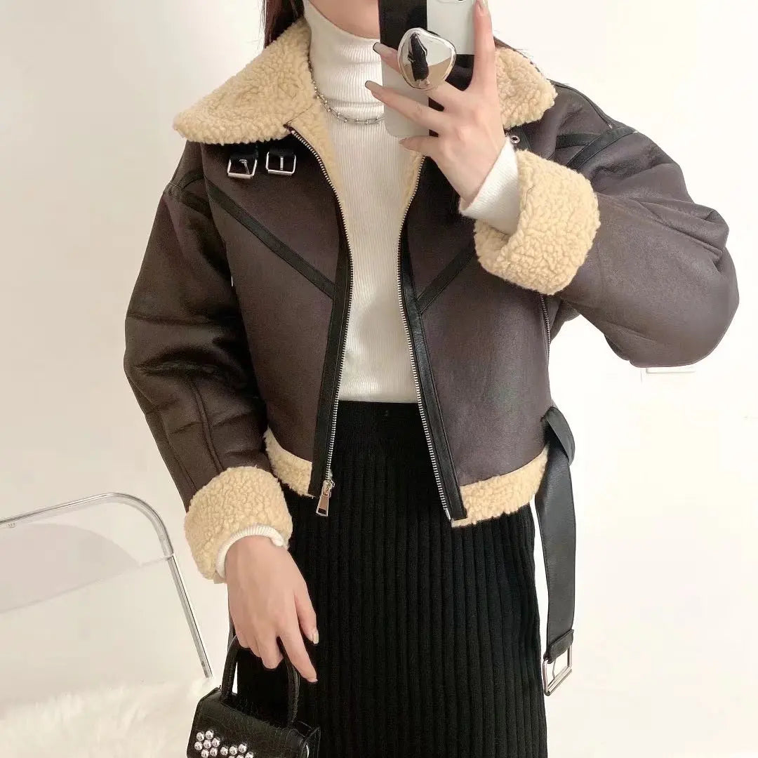 Ailegogo Winter Women Streetwear Faux Lamb Leather Fur Short Jacket