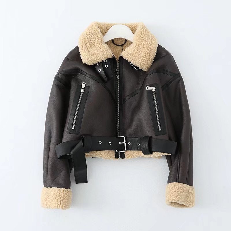 Ailegogo Winter Women Streetwear Faux Lamb Leather Fur Short Jacket