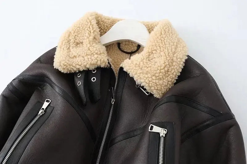 Ailegogo Winter Women Streetwear Faux Lamb Leather Fur Short Jacket