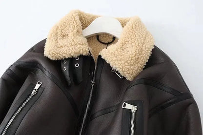 Ailegogo Winter Women Streetwear Faux Lamb Leather Fur Short Jacket