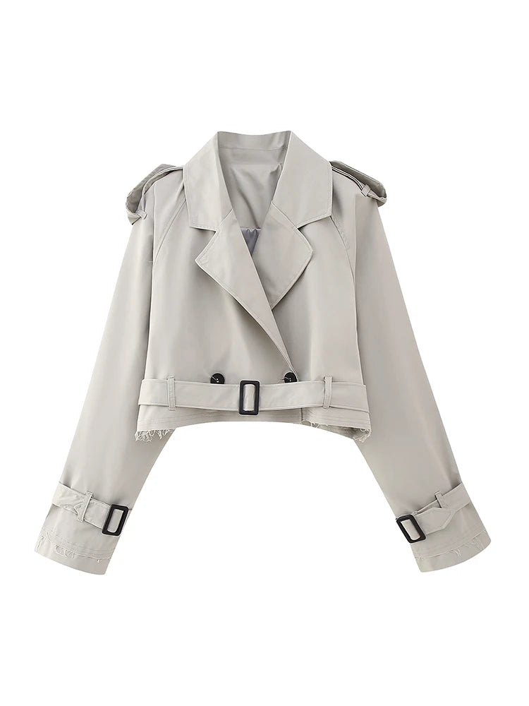 Vintage Cropped Trench Jacket with Cutout Neckline