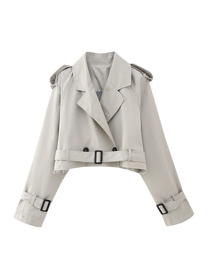 Vintage Cropped Trench Jacket with Cutout Neckline