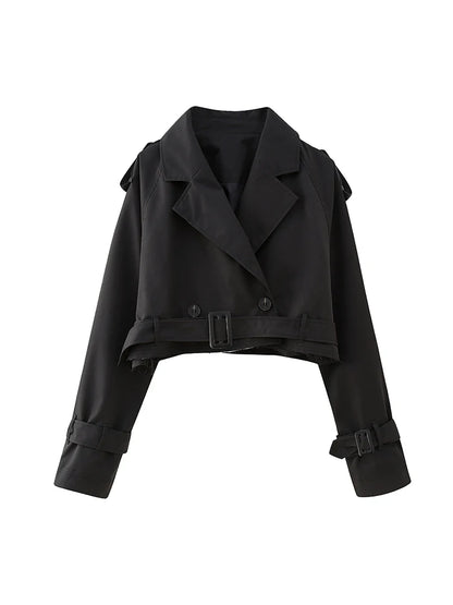 Vintage Cropped Trench Jacket with Cutout Neckline