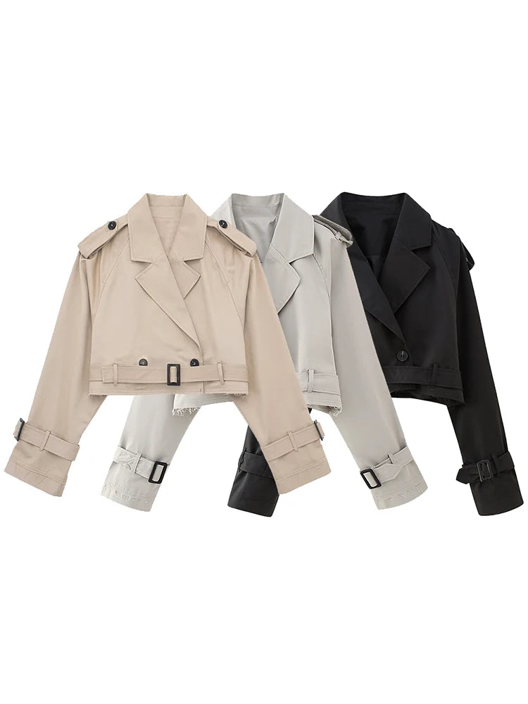Vintage Cropped Trench Jacket with Cutout Neckline