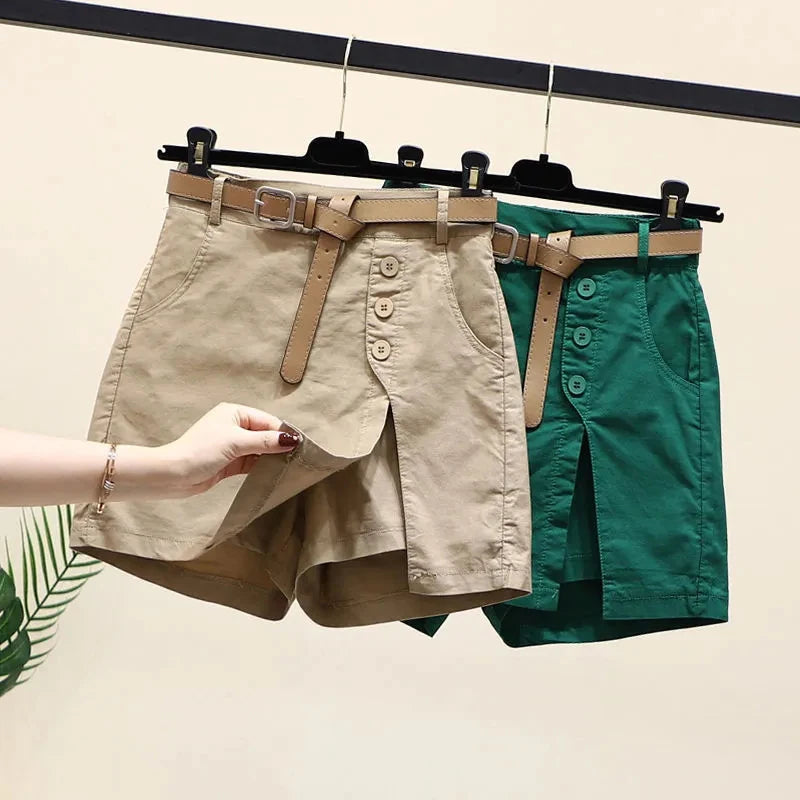 Chic Shorts Women Belt Korean Solid Buttons