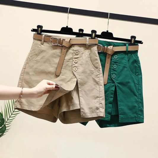 Chic Shorts Women Belt Korean Solid Buttons
