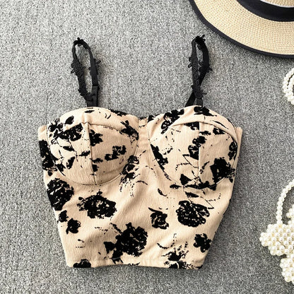 Megan crop top with thin straps and contrasting lace