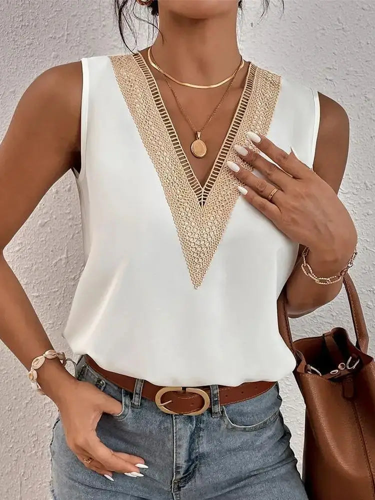 Sophie – Sleeveless V-Neck Lace Patchwork Blouse