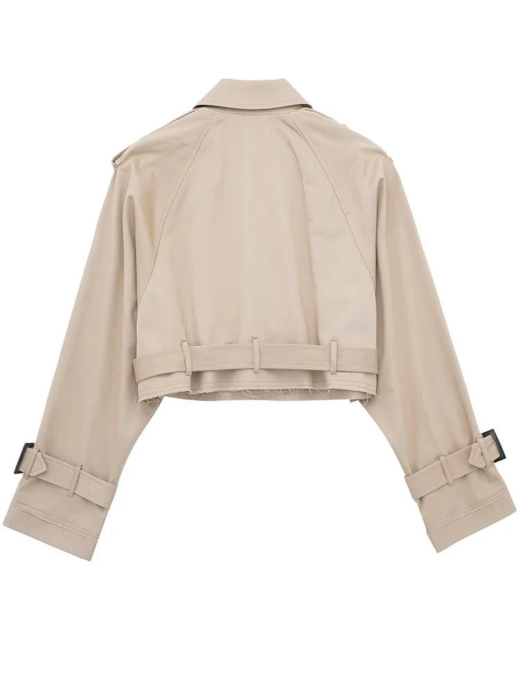 Vintage Cropped Trench Jacket with Cutout Neckline