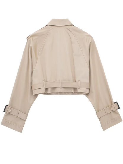 Vintage Cropped Trench Jacket with Cutout Neckline