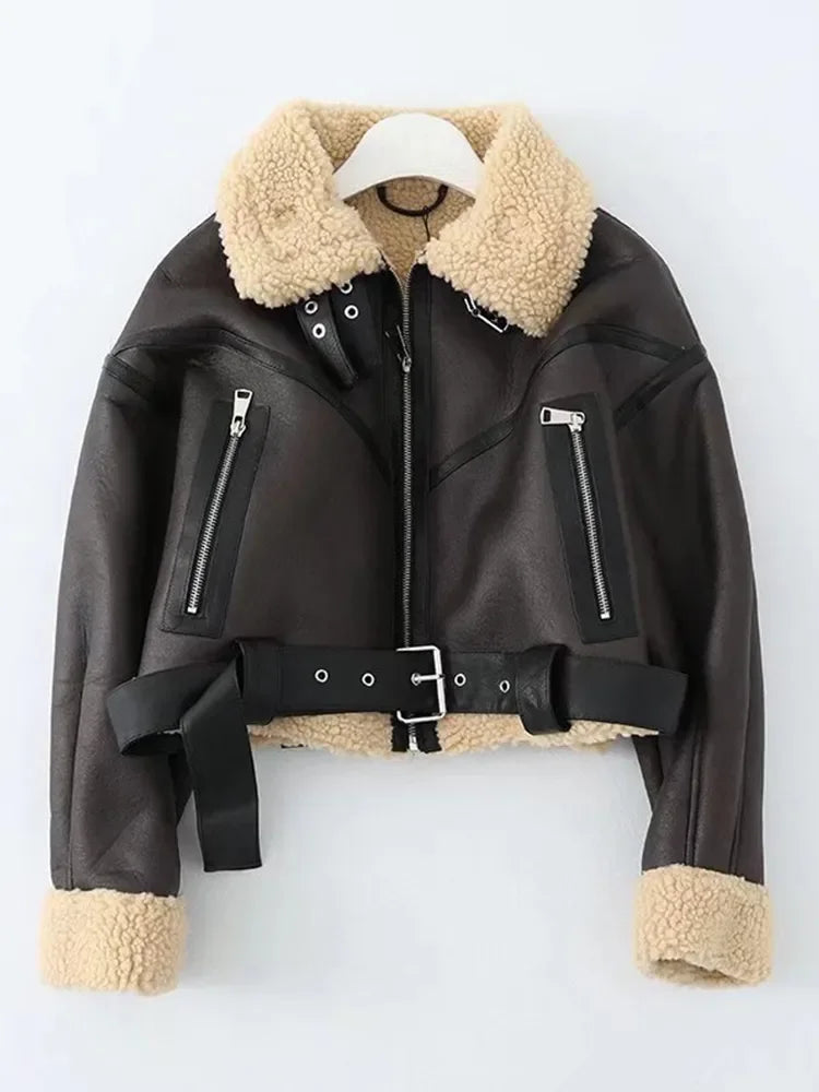 Ailegogo Winter Women Streetwear Faux Lamb Leather Fur Short Jacket