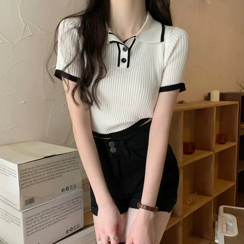 Melissa Contrast Color Polo Collar Shoulder