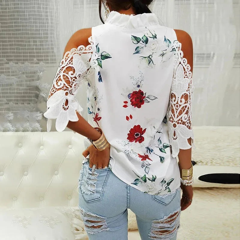 Melinna Casual Hollow Out Blouse with Elegant Flower Print V Neck