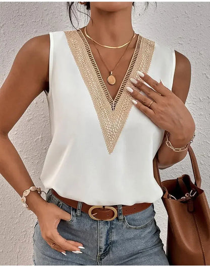 Sophie – Sleeveless V-Neck Lace Patchwork Blouse