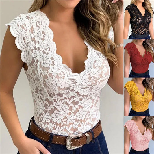Mary Lace Blouse, Deep V Neck Sleeveless Lace Top