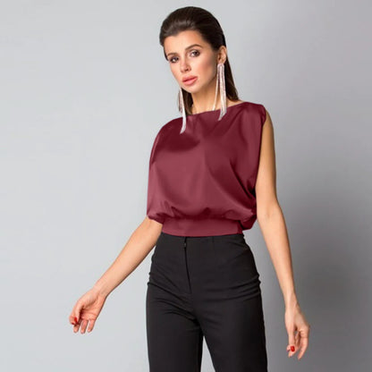 Charmy plain satin blouse with bow, sleeveless, open back, round neck