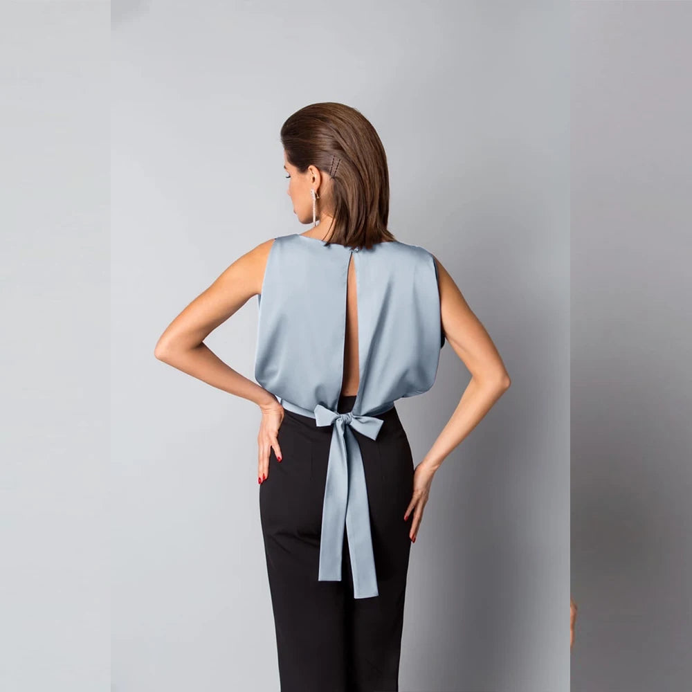 Charmy plain satin blouse with bow, sleeveless, open back, round neck