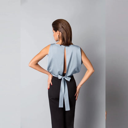 Charmy plain satin blouse with bow, sleeveless, open back, round neck