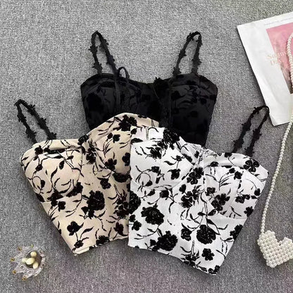 Megan crop top with thin straps and contrasting lace
