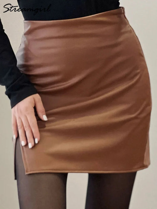 Sexy Mini Leather Skirt Women Beige