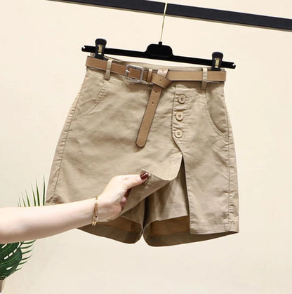 Chic Shorts Women Belt Korean Solid Buttons