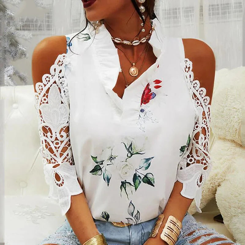 Melinna Casual Hollow Out Blouse with Elegant Flower Print V Neck