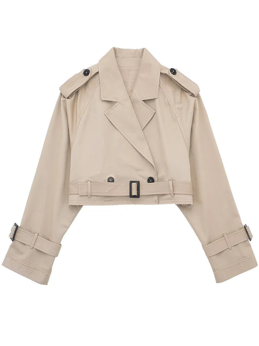 Vintage Cropped Trench Jacket with Cutout Neckline