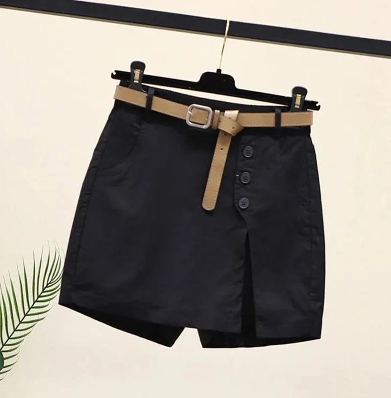 Chic Shorts Women Belt Korean Solid Buttons