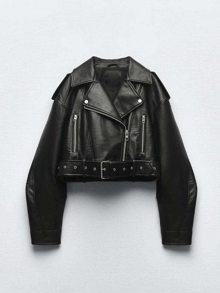 Women's Faux Leather Jacket with Belt