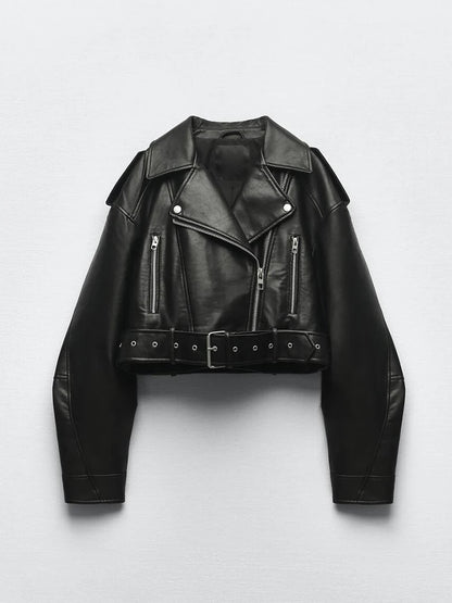 Women's Faux Leather Jacket with Belt