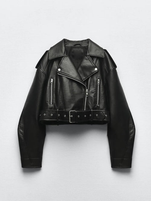 Women's Faux Leather Jacket with Belt