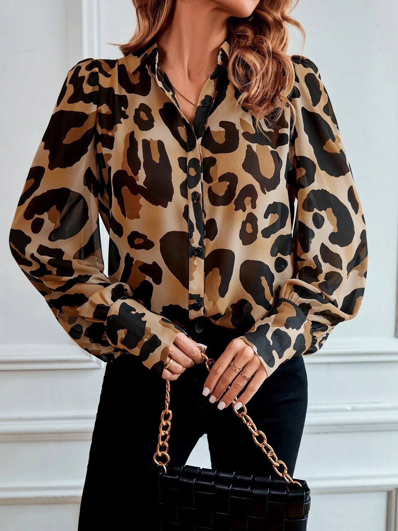 Magie Leopard Print Long Sleeve Blouse Spring and Autumn