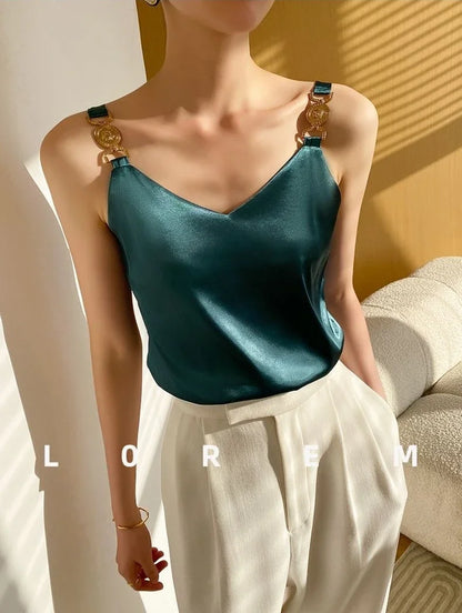 Elianna Black Satin V-Neck Plain Sleeveless Blouse