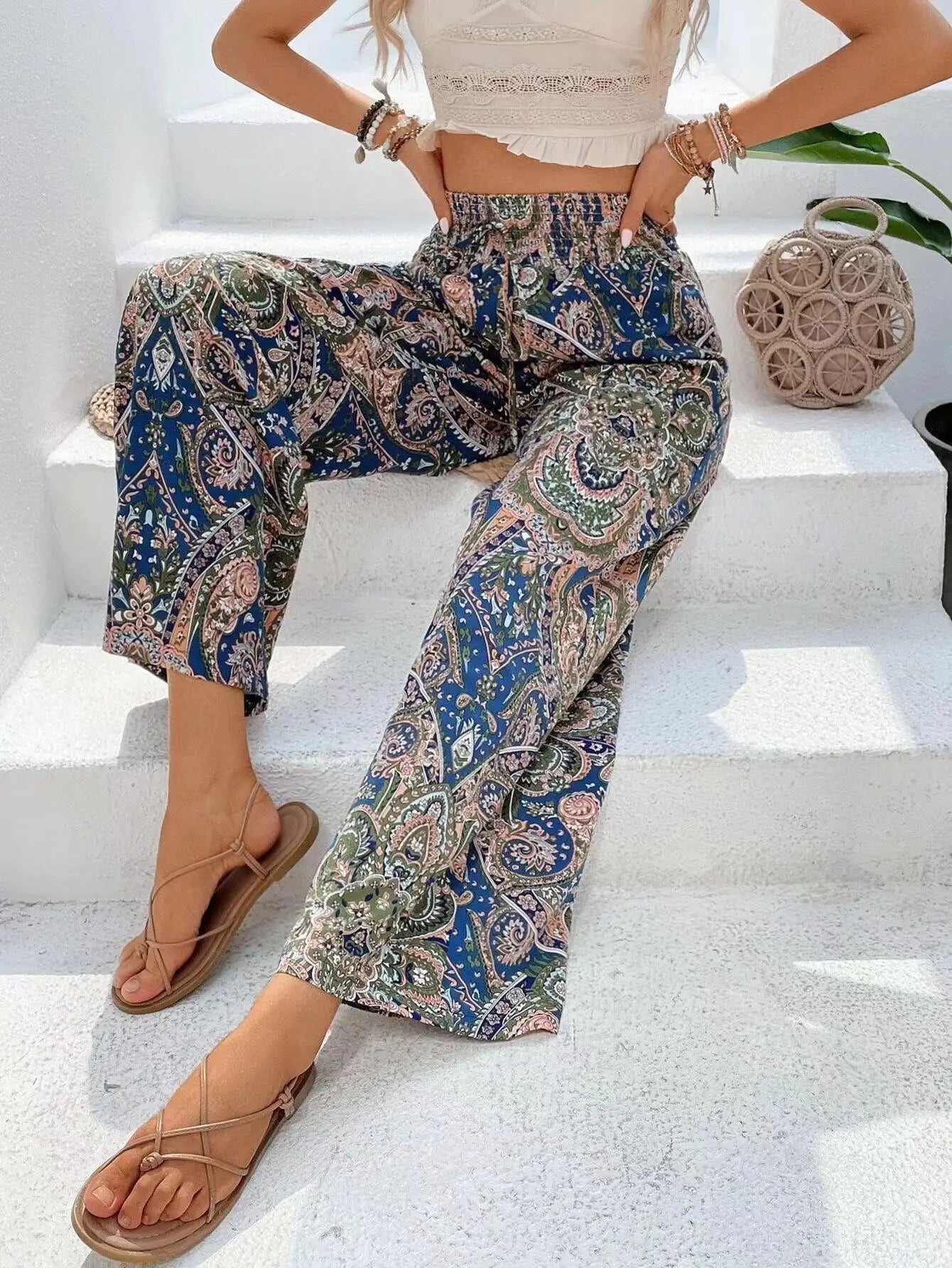Eva Vintage Print Wide-Leg Pants