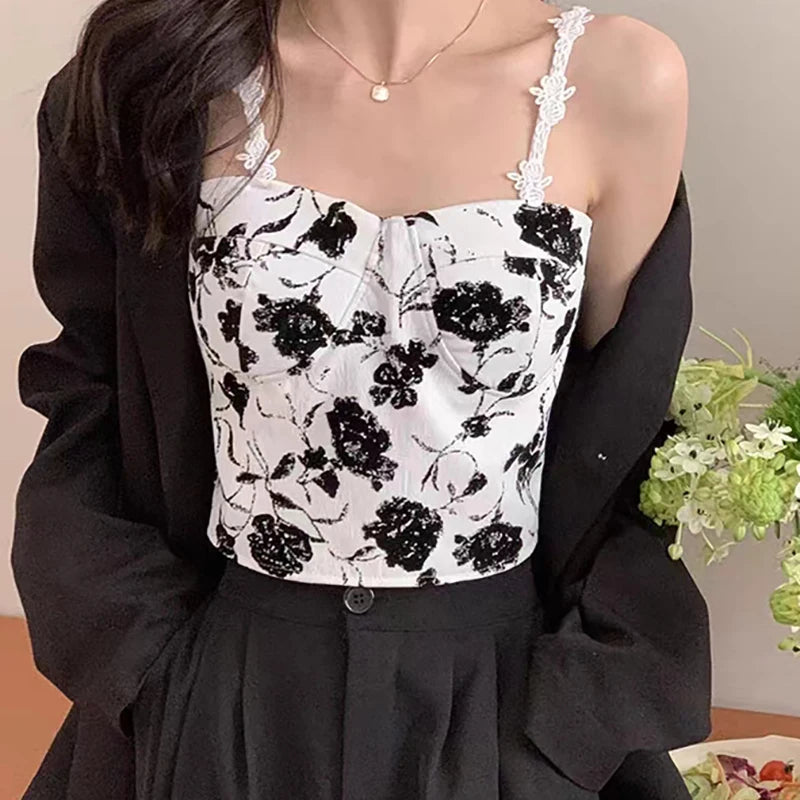 Megan crop top with thin straps and contrasting lace