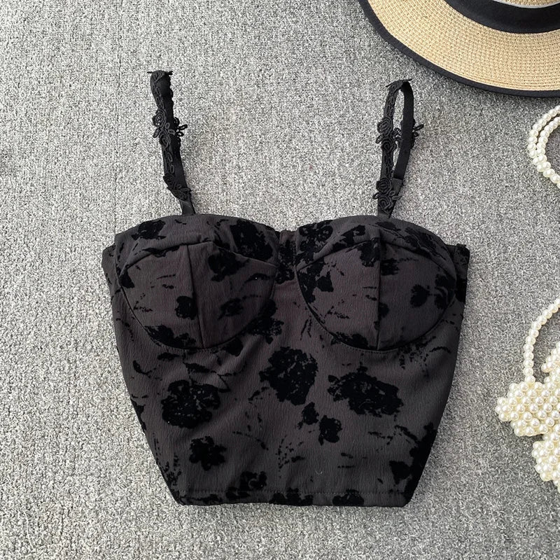 Megan crop top with thin straps and contrasting lace