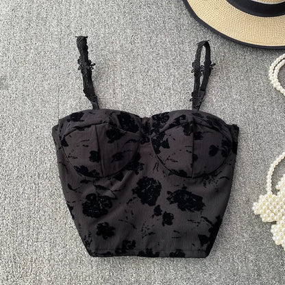Megan crop top with thin straps and contrasting lace