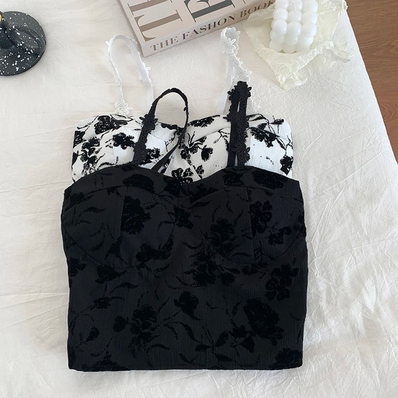 Megan crop top with thin straps and contrasting lace