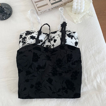 Megan crop top with thin straps and contrasting lace
