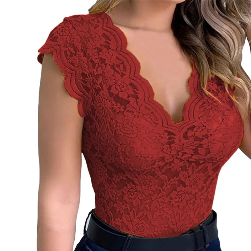 Mary Lace Blouse, Deep V Neck Sleeveless Lace Top