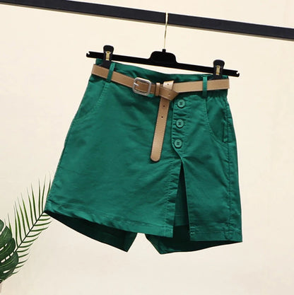 Chic Shorts Women Belt Korean Solid Buttons