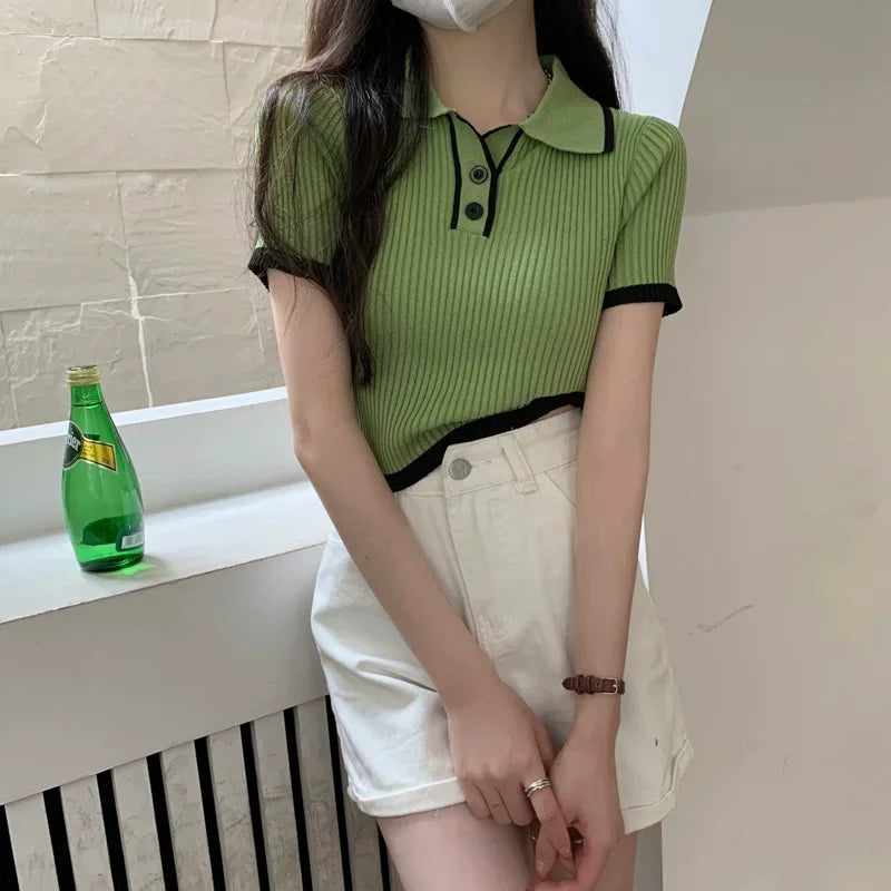 Melissa Contrast Color Polo Collar Shoulder
