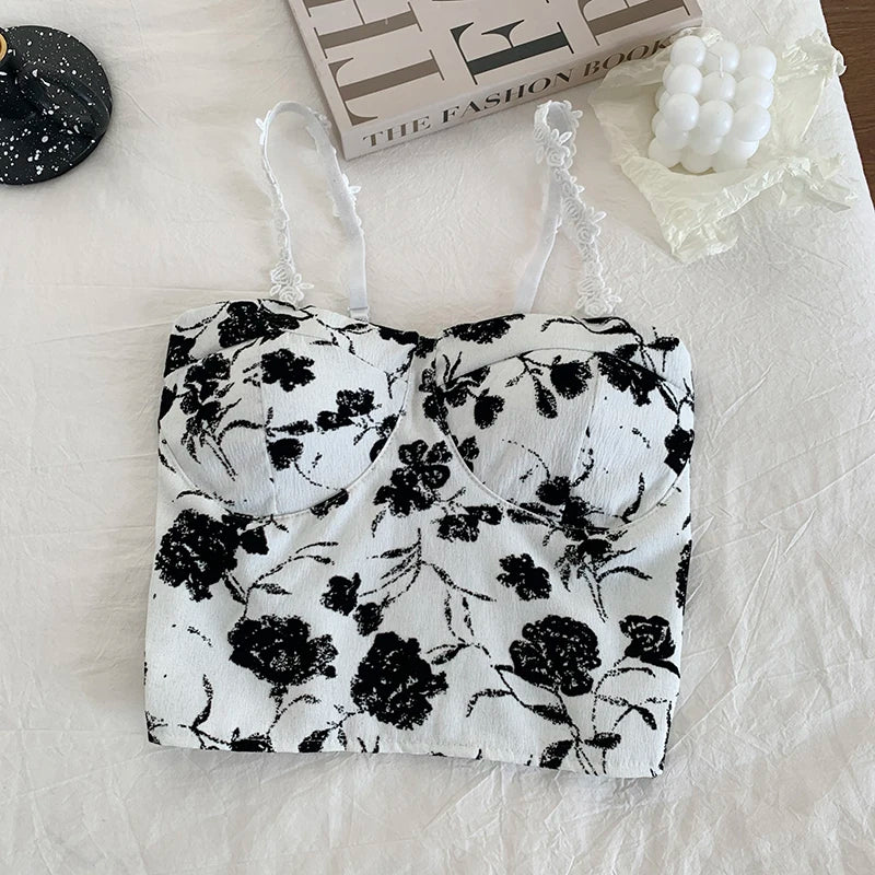 Megan crop top with thin straps and contrasting lace