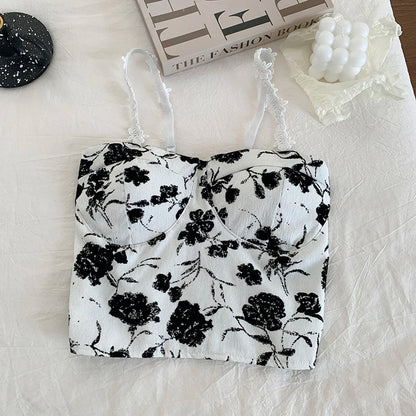 Megan crop top with thin straps and contrasting lace
