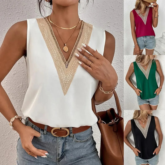 Sophie – Sleeveless V-Neck Lace Patchwork Blouse